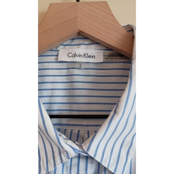 Calvin Klein Blue White Striped Tunic Button Down Blouse Roll Tab Sz L Tie Front - Picture 5 of 10
